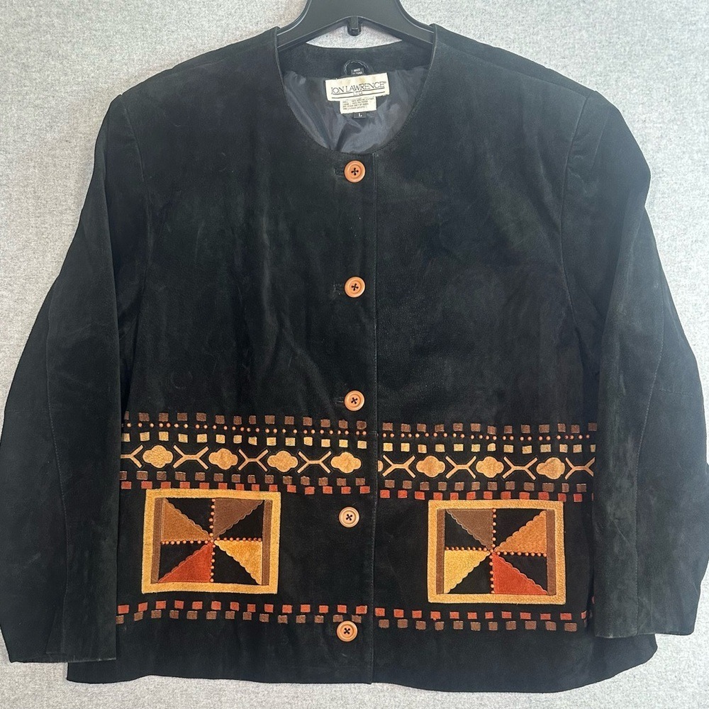 VTG Jon Lawrence LTD Leather Suede Southwest Aztec‎ Beaded Lined Coat Womens L